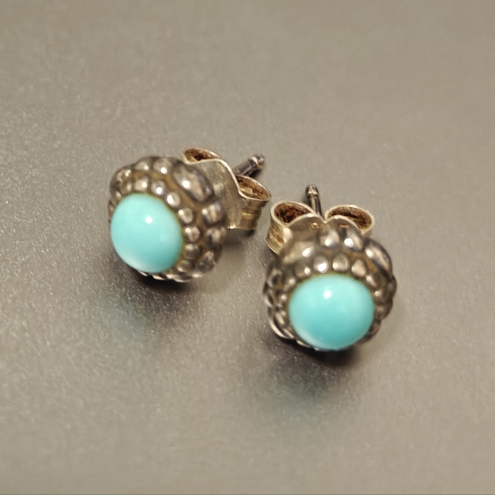 Original Pandora Turquoise Stud Silver Earrings - Picture 3 of 8